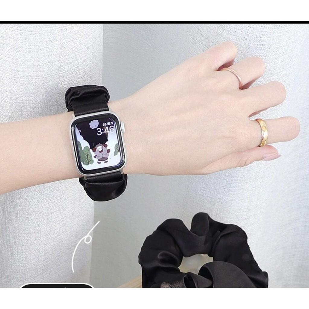 Combo dây đồng hồ apple watch và scrunchies dây cột tóc, buộc tóc vải satin lụa nhiều màu