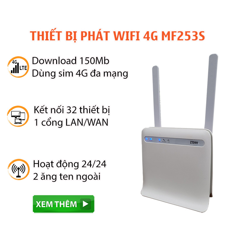 BỘ PHÁT WIFI 4G ZTE MF253S - TẶNG KÈM 2 ANGTEN WIFI - HÀNG CHÍNH HÃNG