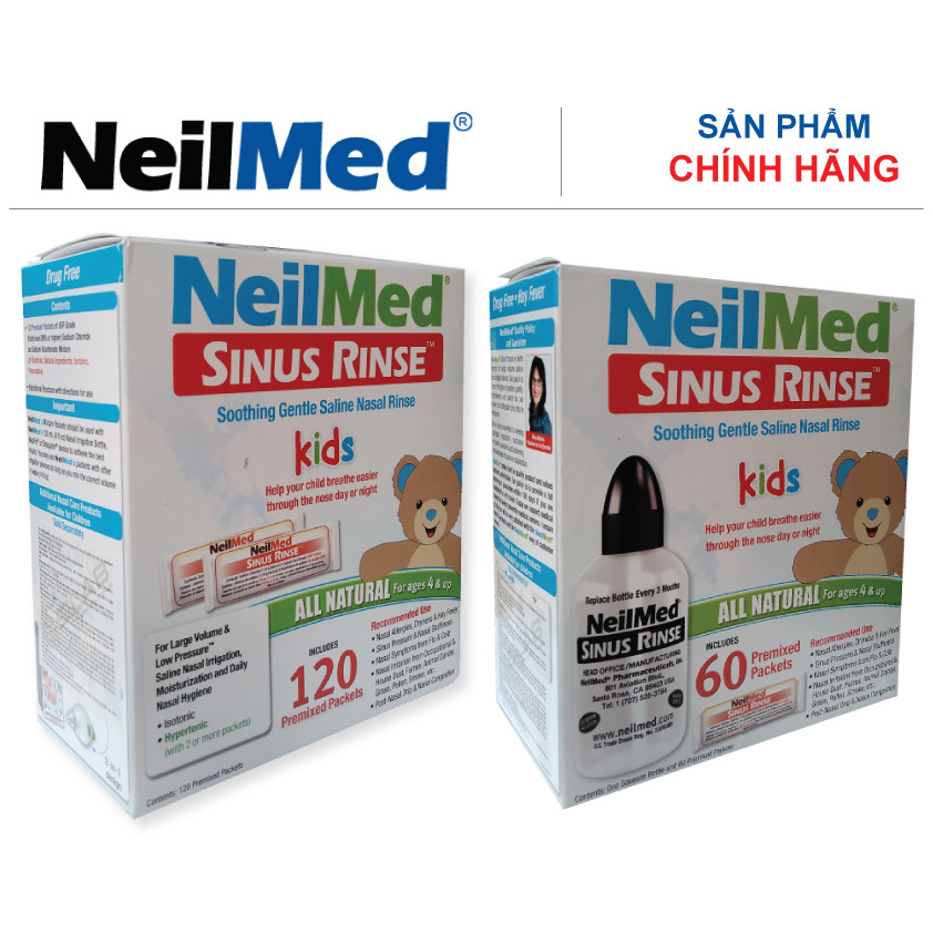 Combo Baby Angel: Bộ Rửa, Chăm Sóc Vệ Sinh Mũi Xoang Trẻ Em NeilMed Sinus Rinse Kids - SX Mỹ(Bình + 60 gói muối và 1 Hộp 120 gói muối rửa bổ sung)