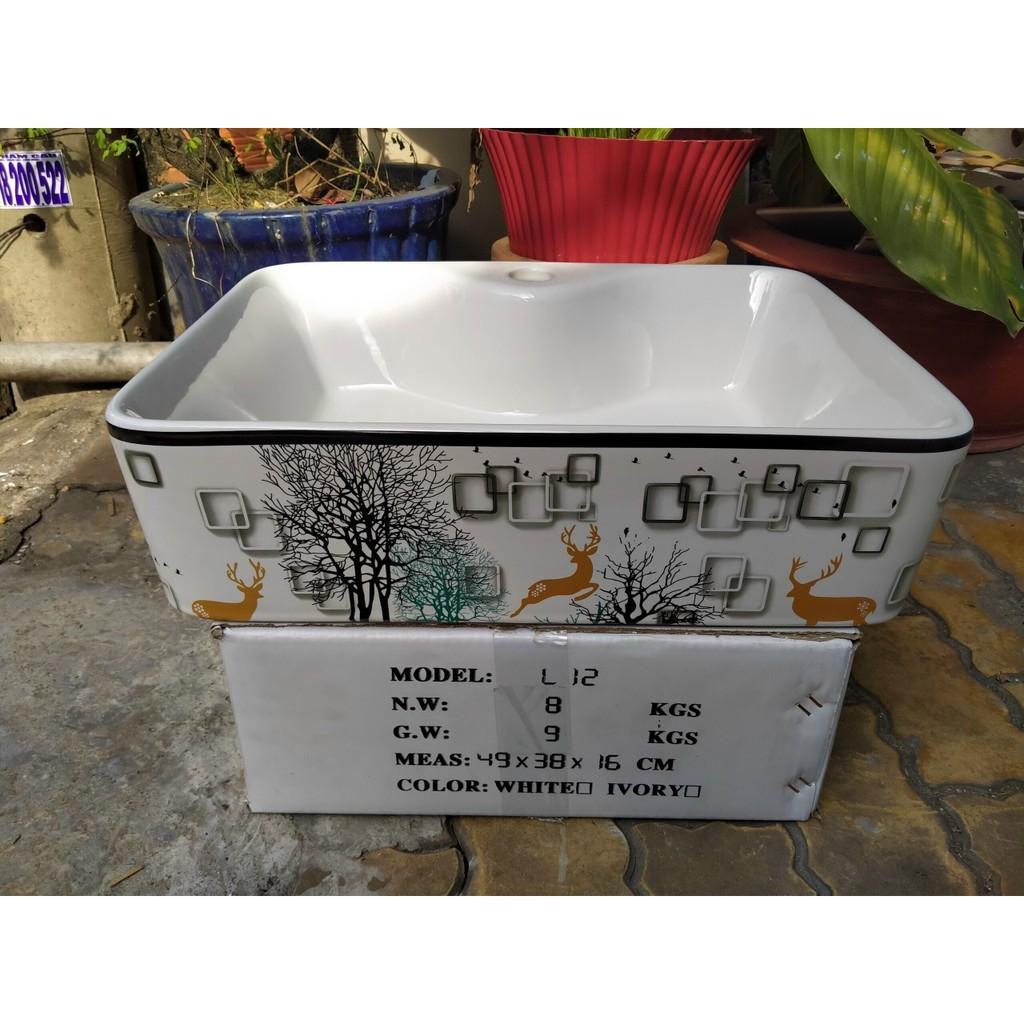 Chậu sứ lavabo để quầy họa tiết hươu nai màu sắc sống động