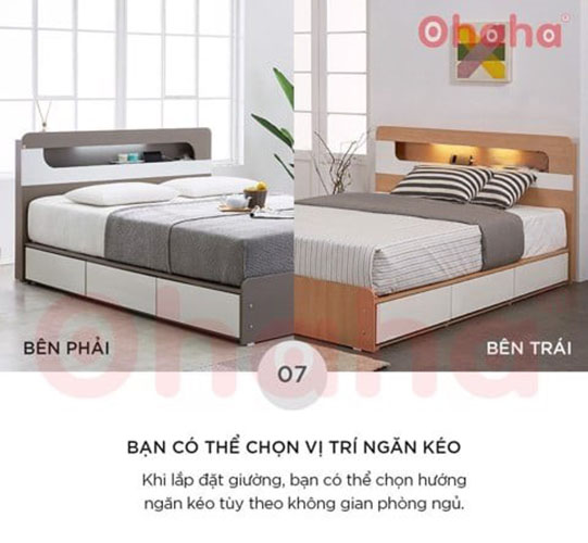 Giường Ngủ Gỗ OHAHA Cao Cấp OH011 - Kèm Đèn LED - Vàng gỗ/Trắng