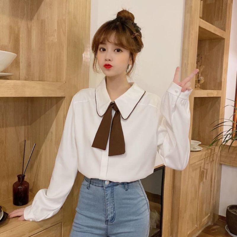 Áo sơ mi nữ dài tay thắt nơ cổ công sở thanh lịch Quảng Châu