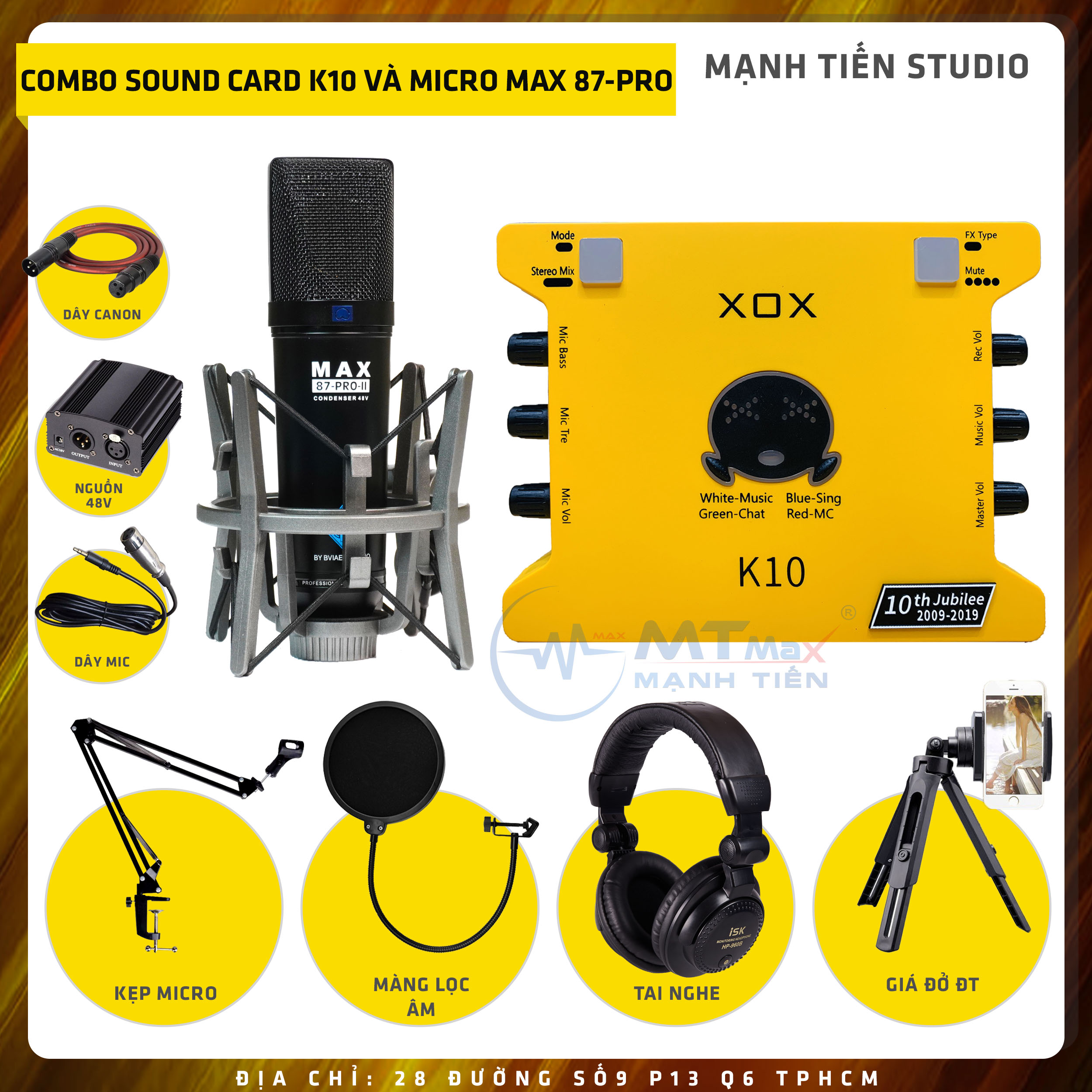 Combo thu âm, livestream Micro Max 87-Pro-II 2022, Sound card XOX K10 Jubilee - Kèm full phụ kiện tai nghe ISK 960B, nguồn 48v, kẹp micro, màng lọc, giá đỡ ĐT - Hỗ trợ thu âm, karaoke online chuyên nghiệp - Hàng nhập khẩu