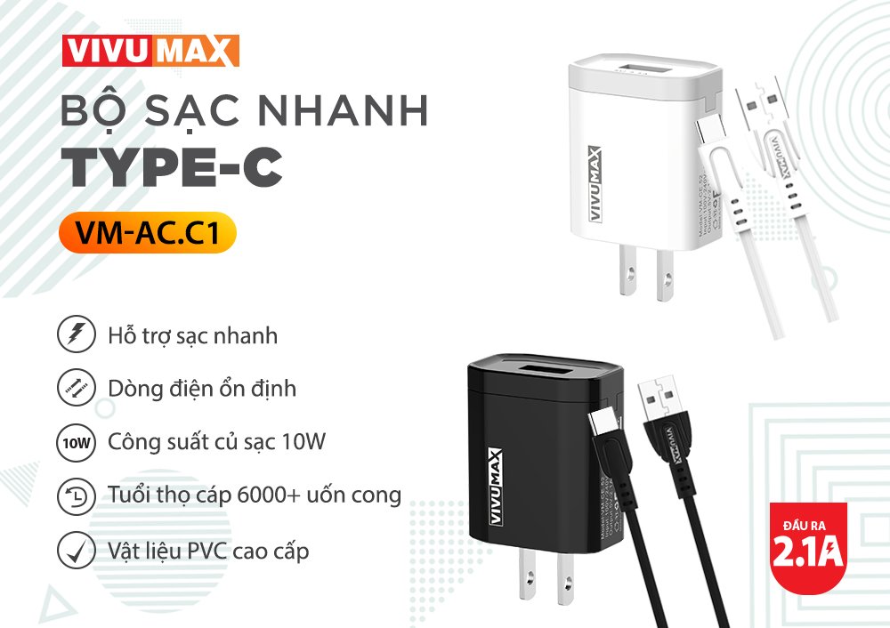 Bộ sạc và truyền dữ liệu VivuMax AC.C1 đầu sạc Type C – Hàng Chính Hãng, Bảo Hành Chính Hãng 12 Tháng