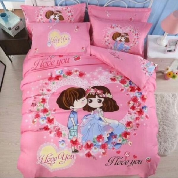 Set 3 món ga gối Poly cotton PL2 Tình nhân Kiss + Tặng 1 vỏ gối ôm