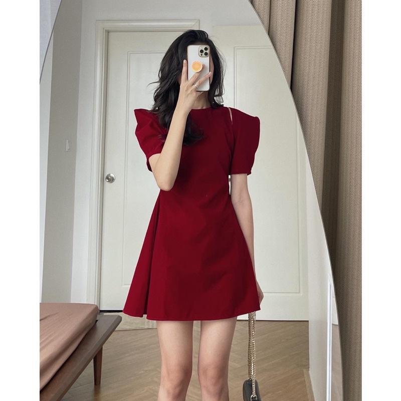 Đầm váy nhung đỏ tay bồng xẻ vai tiểu thư