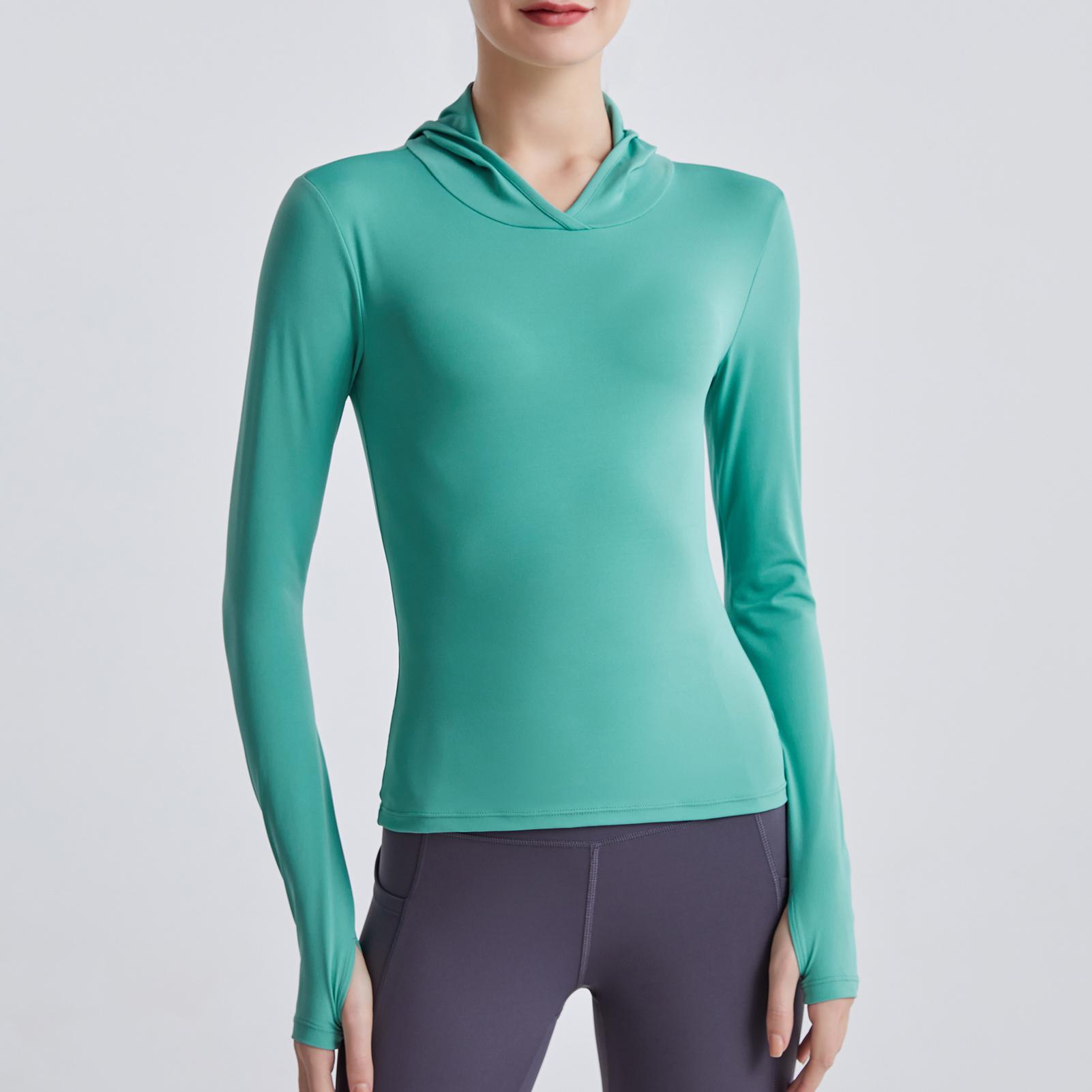 Áo tập thể thao dáng hoodie cho nữ với tay dài, xỏ ngón cái nhanh khô mỏng nhẹ có mũ trùm đầu