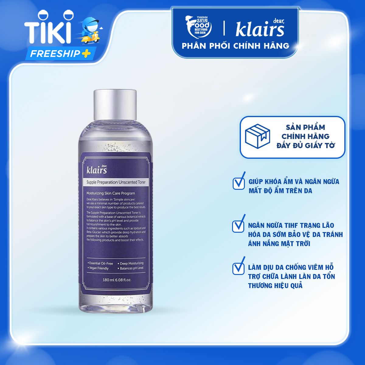 Nước Hoa Hồng Không Mùi Dưỡng Ẩm, Làm Dịu Da Klairs Supple Preparation Unscented Toner