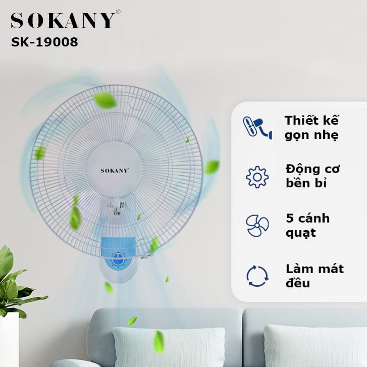 Quạt treo tường 5 cánh có hẹn giờ SOAKNY SK-19008, động cơ hoạt động bền bỉ siêu bền - HÀNG CHÍNH HÃNG