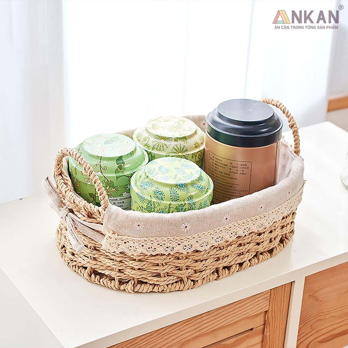 Giỏ Decor Có Quai Xách – Bộ 4 Kiểu Dáng Thủ Công Đẹp Mắt, Lót Vải Vintage, Đựng Đồ &amp; Trang Trí Tinh Tế