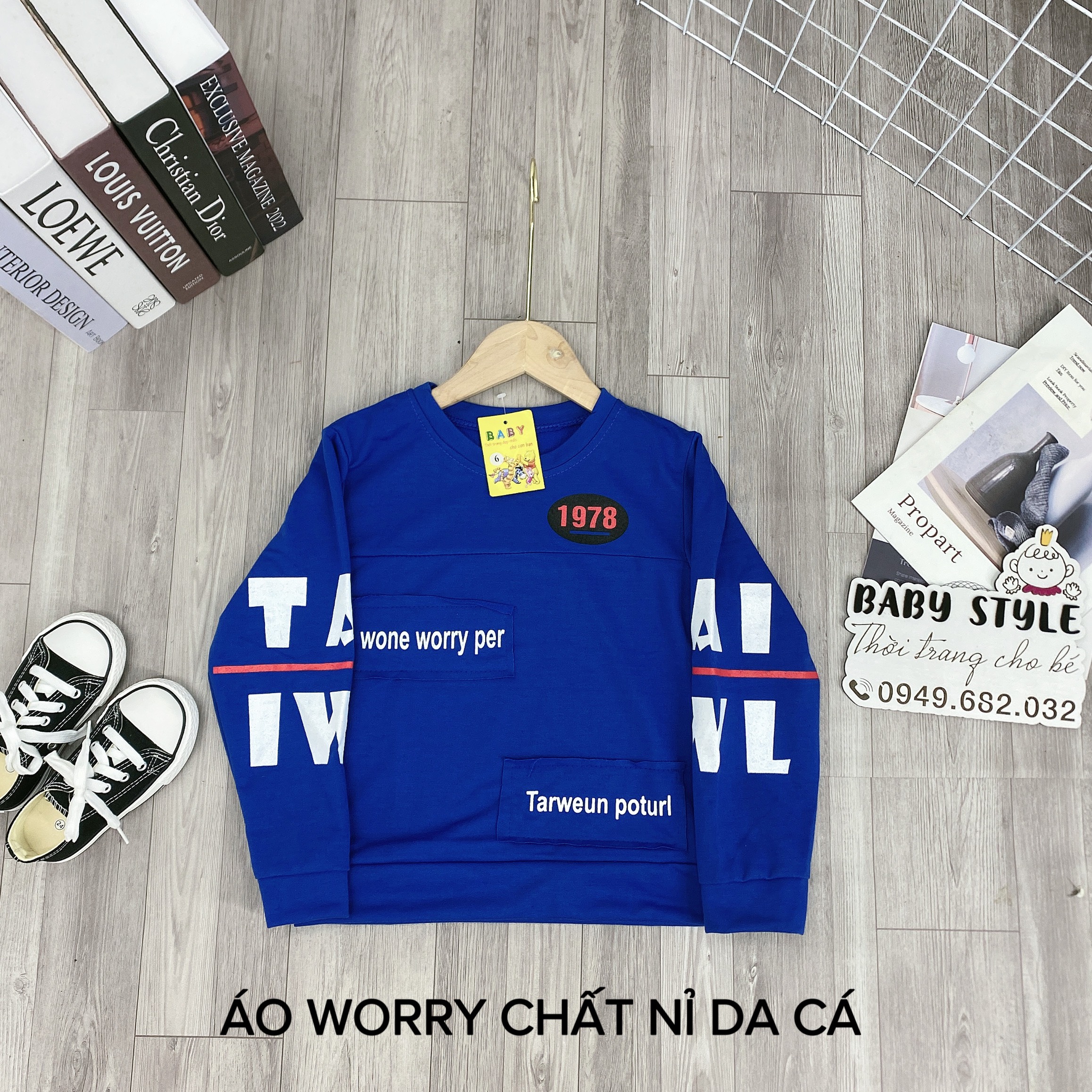 Áo sweater nỉ da cá &quot;WORRY&quot; 14-45kg cho bé trai 4-14 tuổi. Vải dày dặn, co giãn tốt. B43