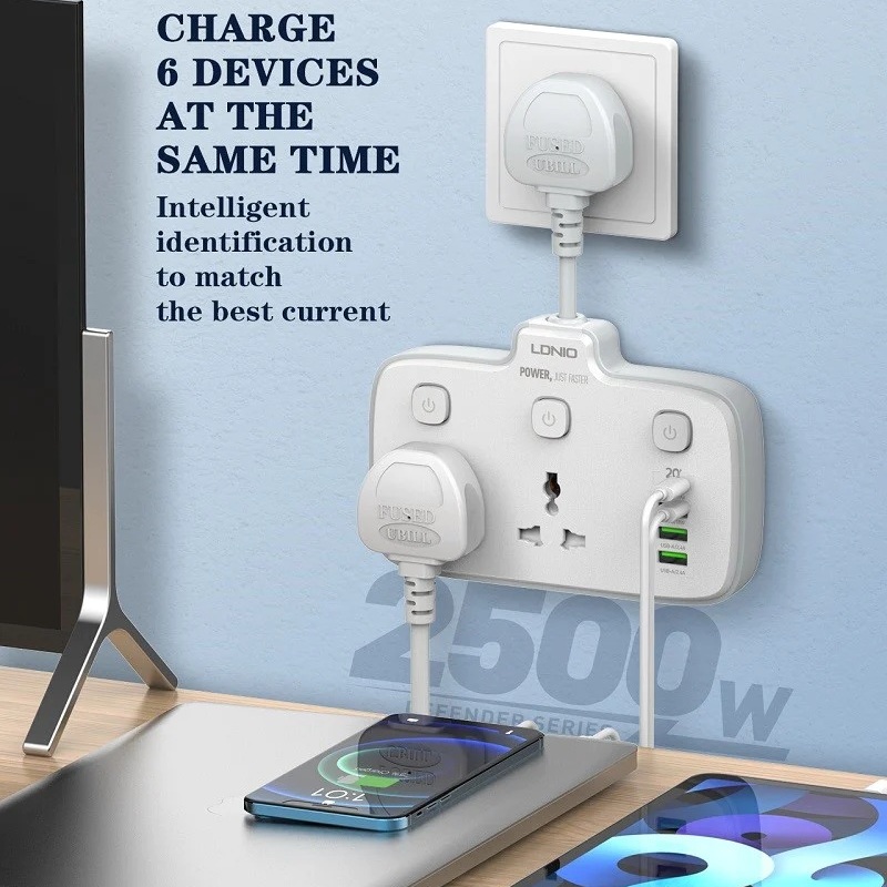 Ổ cắm điện đa năng 6 in 1 hỗ trợ sạc nhanh PD 20w ra 2 ổ cắm điện, 1 PD Type C 20W và 3 USB A QC 3.0 18W hiệu LDNIO SC2413 - hàng nhập khẩu