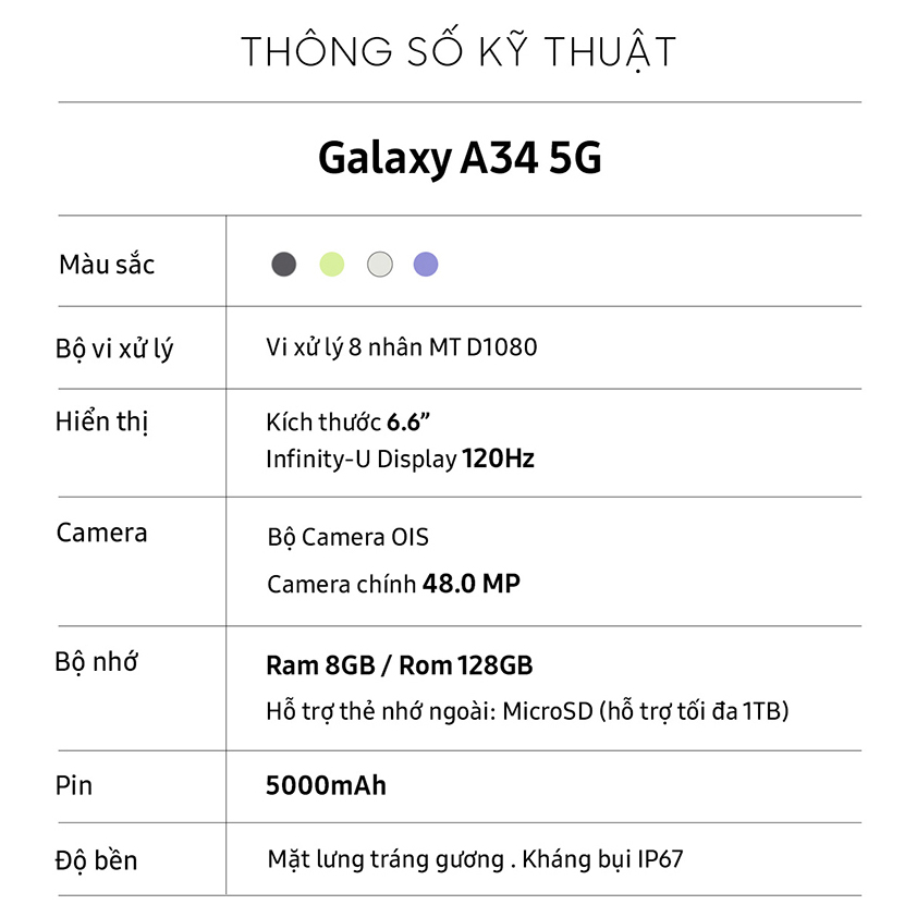 Điện thoại Samsung Galaxy A34 5G (8GB/128GB) - Hàng chính hãng