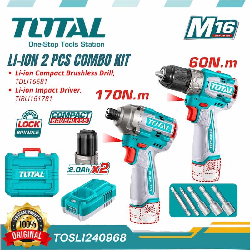 BỘ COMBO MÁY KHOAN TDLI16681 &amp; MÁY SIẾT VÍT TIRLI16171 KHÔNG CHỔI THAN DÙNG PIN 16V 60NM TOTAL TOSLI240968 - HÀNG CHÍNH HÃNG