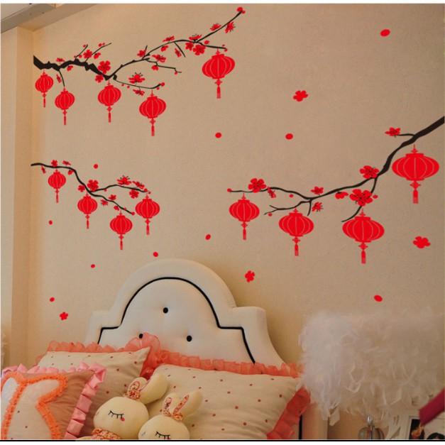Decal trang trí tết - 3 Cành Mai đỏ lồng đèn size lớn