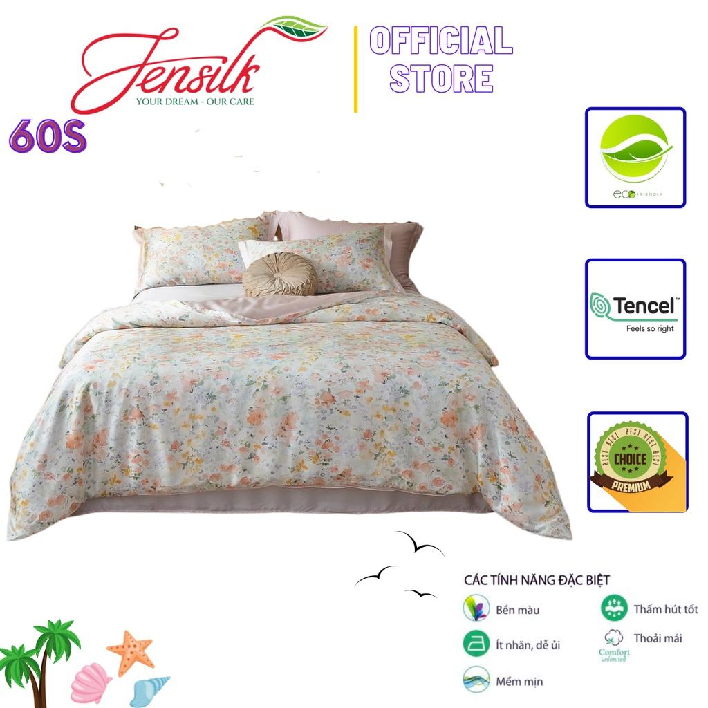 Bộ chăn ga gối cao cấp 100%Tencel 60s, họa tiết Hoa Lá màu sắc tươi sáng và sang trọng, chất liệu mềm mịn mát