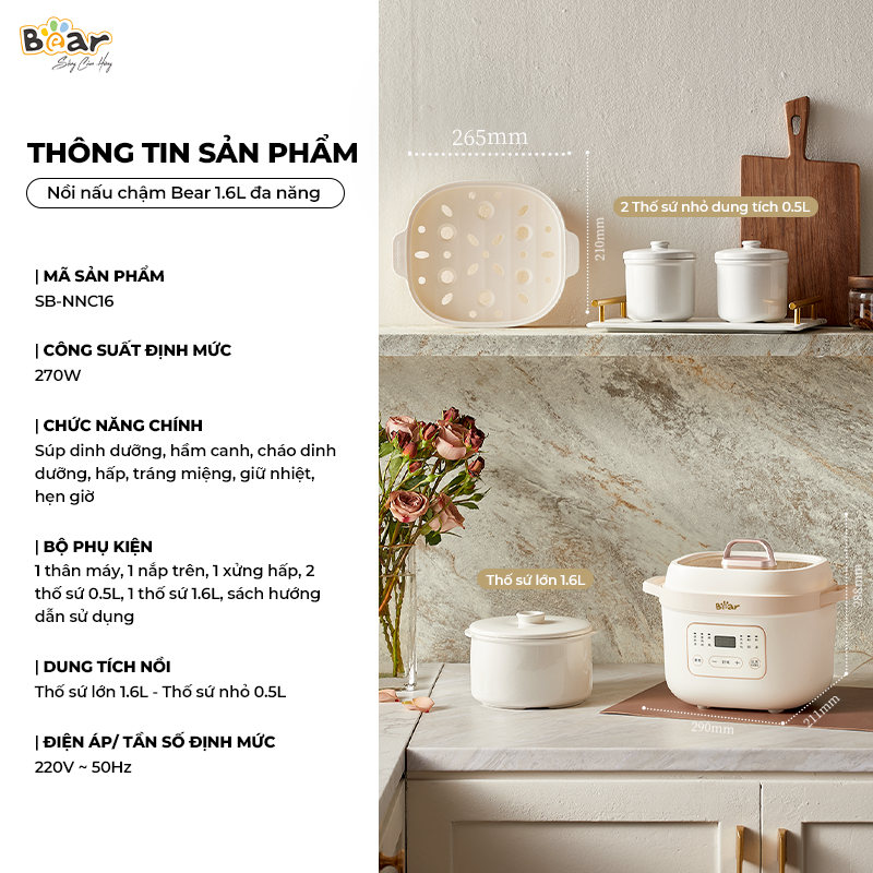 Nồi Nấu Chậm Bear 1,6L Đa Năng 6 Chế Độ Ninh Nấu Hầm Hấp Tiết Kiệm Thời Gian Giữ Trọn Chất Dinh Dưỡng - SB-NNC16 Hàng chính hãng