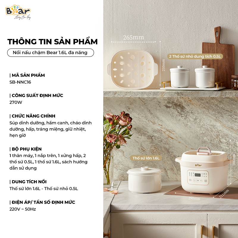 Nồi Nấu Chậm Bear 1,6L Đa Năng 6 Chế Độ Ninh Nấu Hầm Hấp Tiết Kiệm Thời Gian Giữ Trọn Chất Dinh Dưỡng -  SB-NNC16 Hàng chính hãng