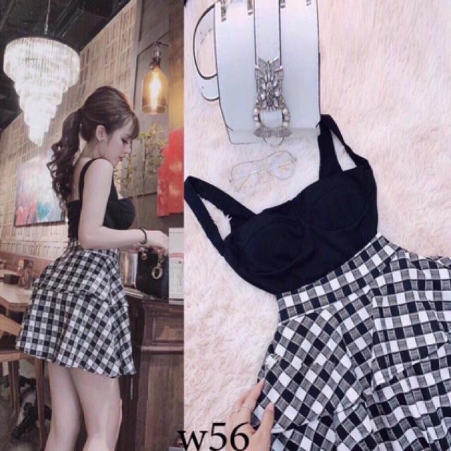 Sét áo 2 dây có mút ngực & chân váy caro 2 tầng sexy sang chảnh