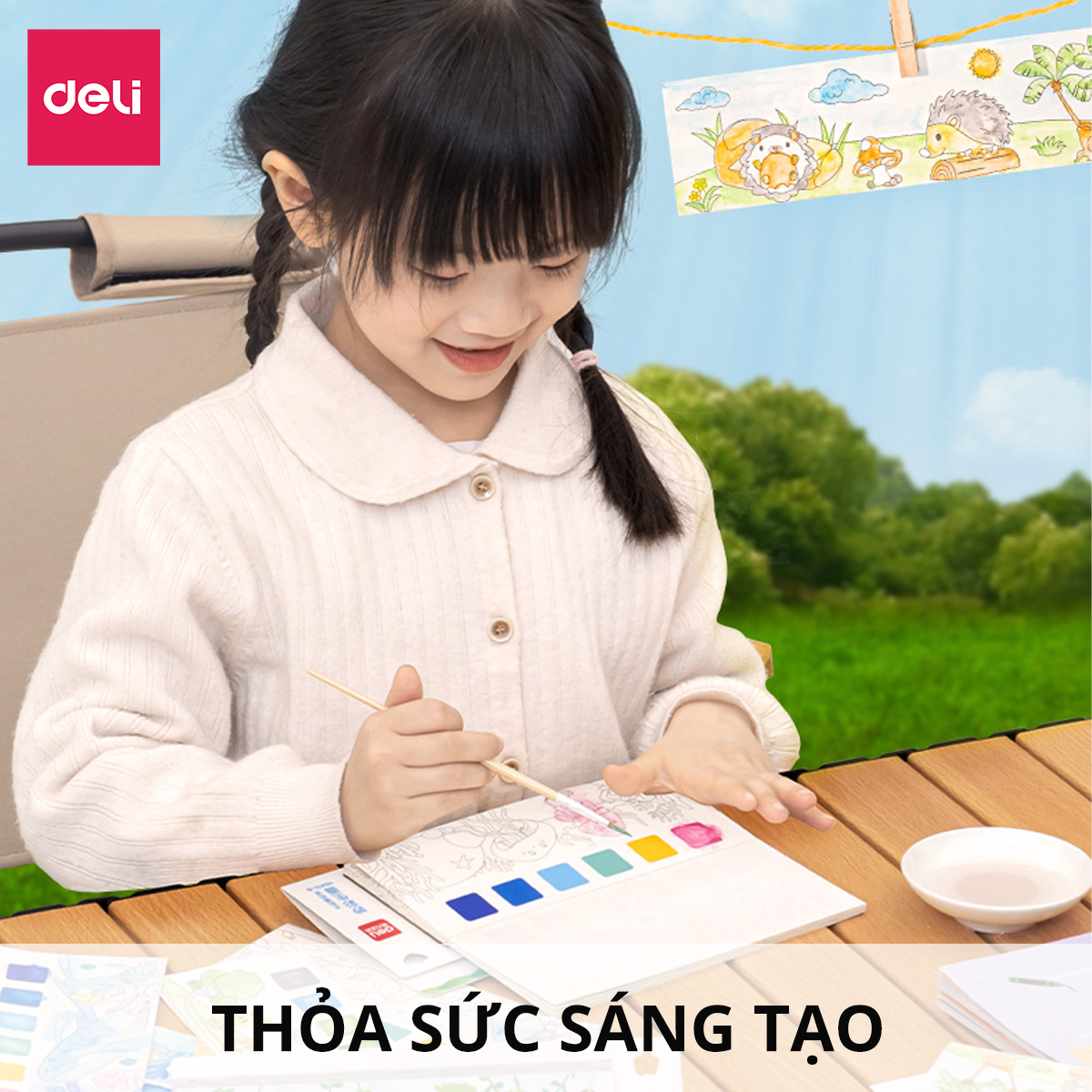 Bộ tranh tập tô màu nước cho bé Deli - 20 tờ - Kèm màu nước và cọ - Rừng Xanh/ Đại Dương - An toàn Sáng tạo học sinh