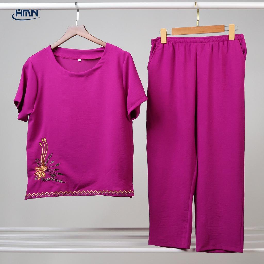 Set đồ bộ trung niên nữ áo thun tay ngắn thêu hoa phối viền và quần Dài/lửng vải đũi linen mềm mịn - HMN Fashion