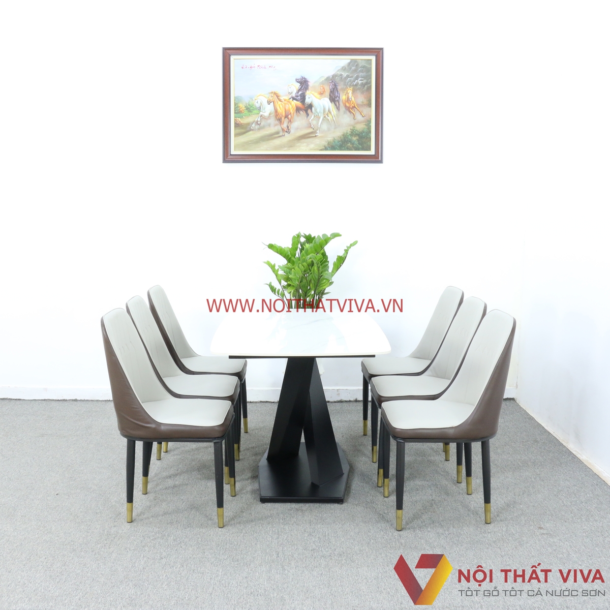 Bộ Bàn Ăn 6 Ghế Bọc Nệm Chân Chữ X Sơn Tĩnh Điện Mặt Đá Trắng Hiện Đại