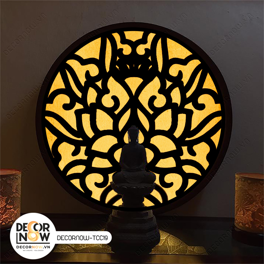 Đèn Hào Quang Phật In Tranh Trúc Chỉ CNC DECORNOW 30,40 cm, Trang Trí Ban Thờ, Hào Quang Trúc Chỉ VÂN GỖ DCN-TCC19
