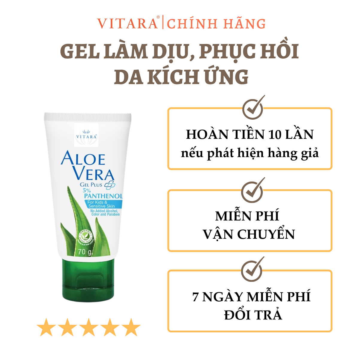 Gel thoa da bị kích ứng Vitara Aloe Vera thích hợp cho da khô, sần sùi, bị bỏng, cháy nắng 70g