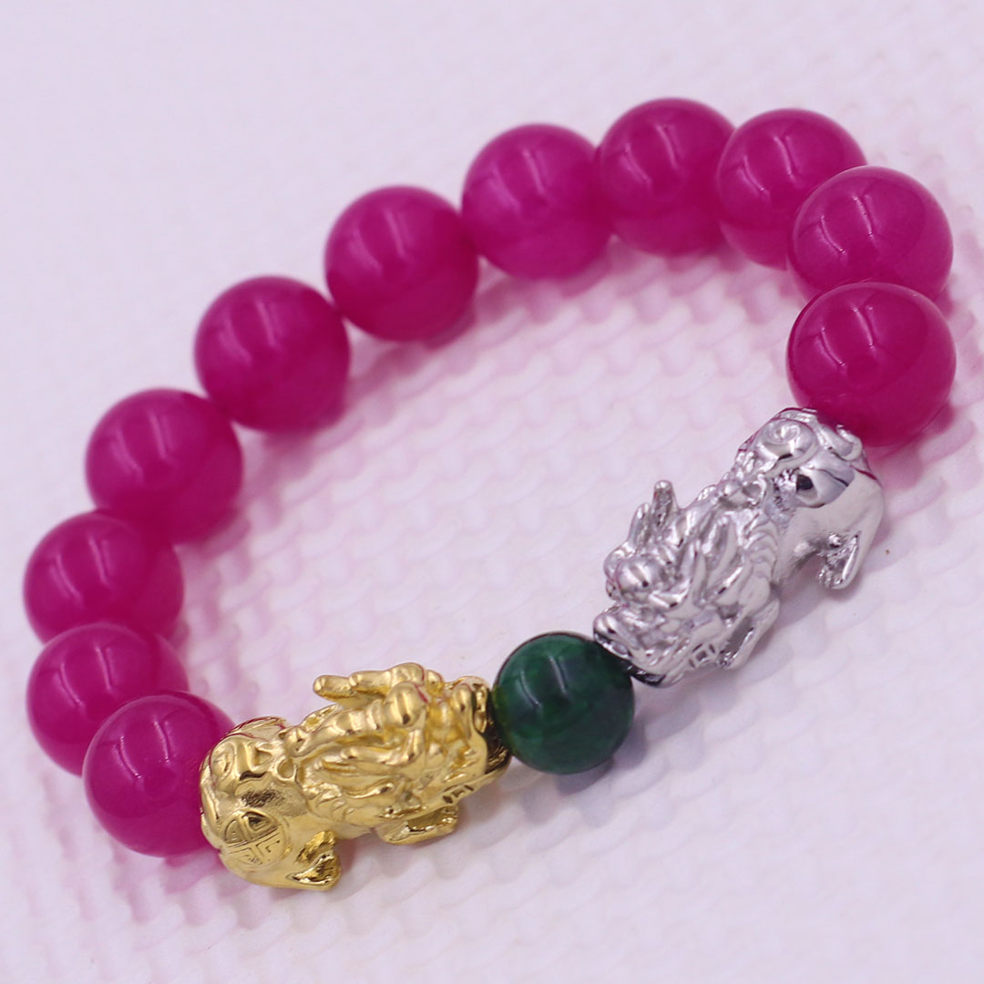 Vòng chuỗi đeo tay đa thạch anh hồng 12 ly charm tỳ hưu đôi inox trắng và vàng, vòng chuỗi phong thủy, charm tỳ hưu, vòng tay hạt chuỗi