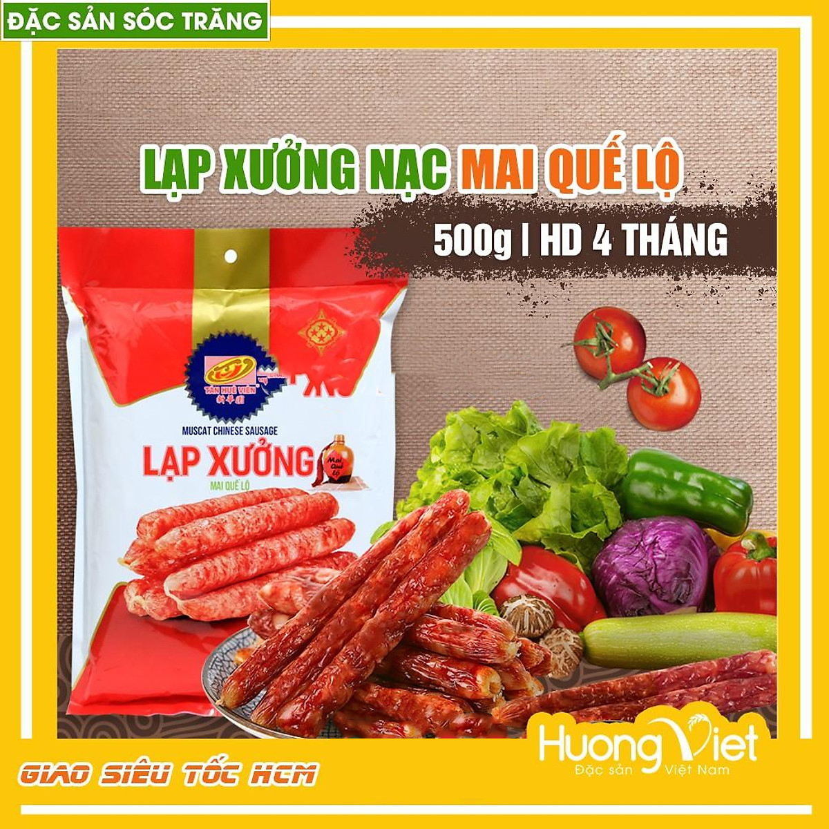 Đặc Sản Sóc Trăng - Lạp Xưởng Nạc Tân Huê Viên 500G Sóc Trăng Hút Chân Không, Thịt Lạp Sườn Heo Mai Quế Lộ Thơm Ngon Đậm Vị Truyền Thống