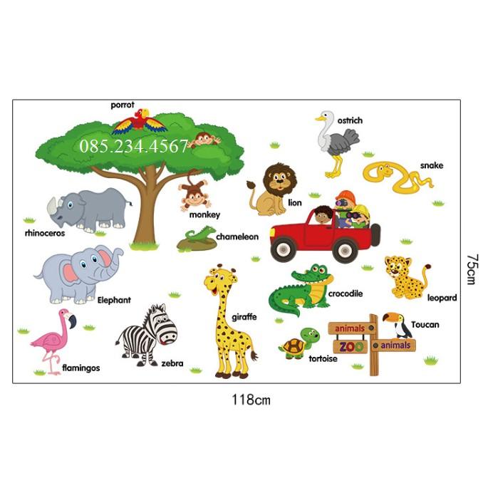 Decal dán tường Combo 2 tranh vườn thú tiếng anh + đoàn tàu happy