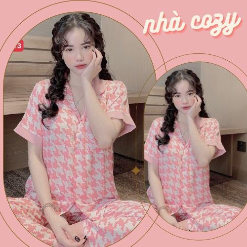 CÓ SẴN Đồ bộ nữ PIJAMA cộc tay tay ngắn quần dài caro hồng xen kẽ lụa mềm,mịn