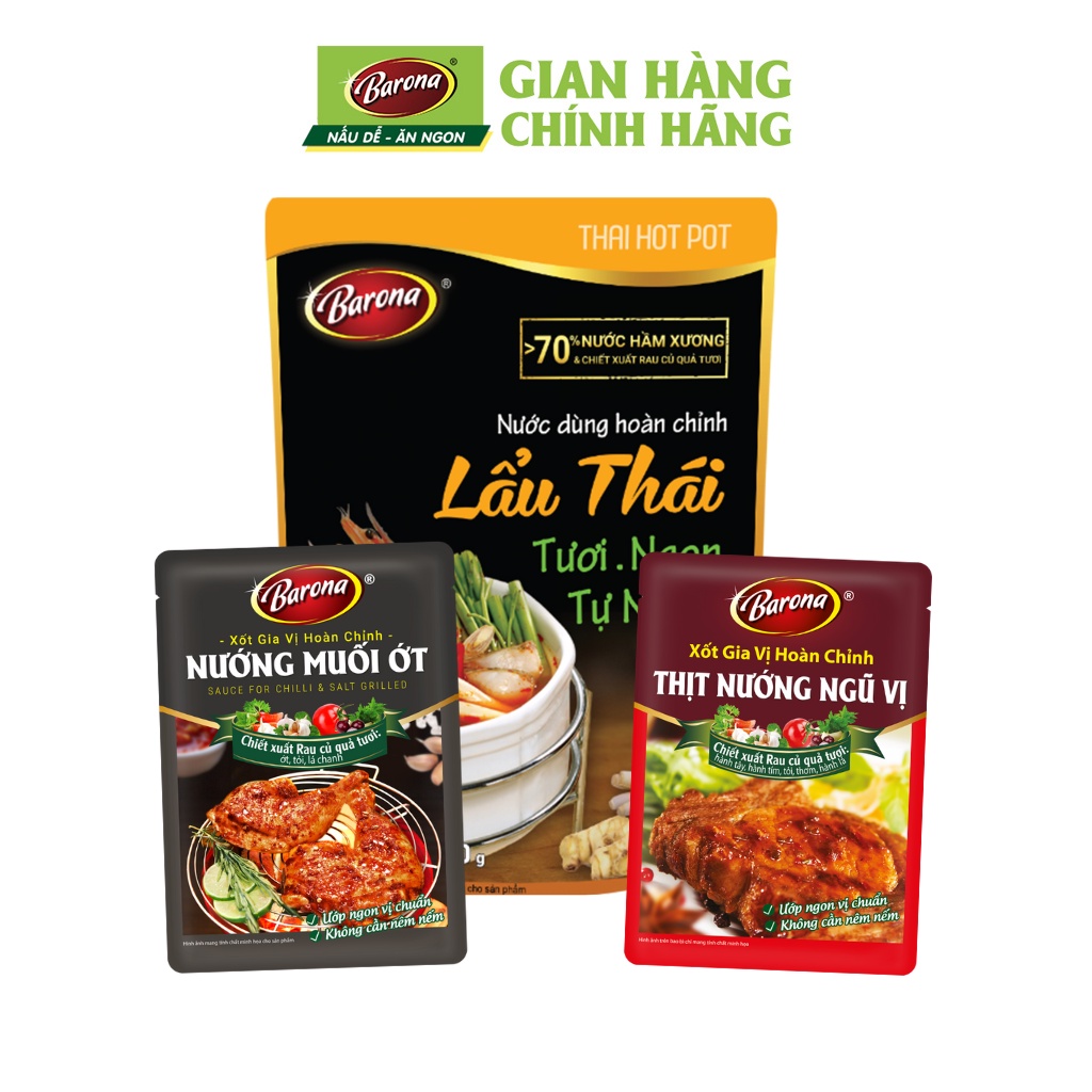 Combo Lẩu và Nướng Barona, 1 Gói Nước dùng Lẩu Thái Barona 180g, 1 gói Gia vị Nướng Muối Ớt Barona 80g, 1 gói Gia vị Nướng Ngũ Vị Barona 80g