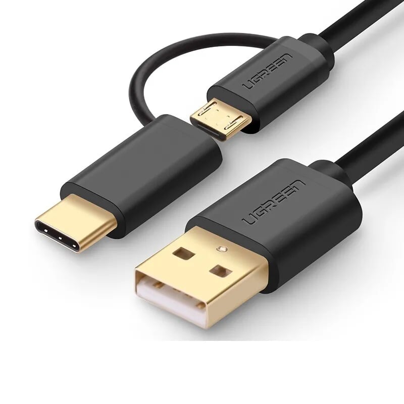 Cáp USB-A 2.0 sang Micro USB + USB-C 1.5M màu đen Ugreen 142HL30177US Hàng chính hãng