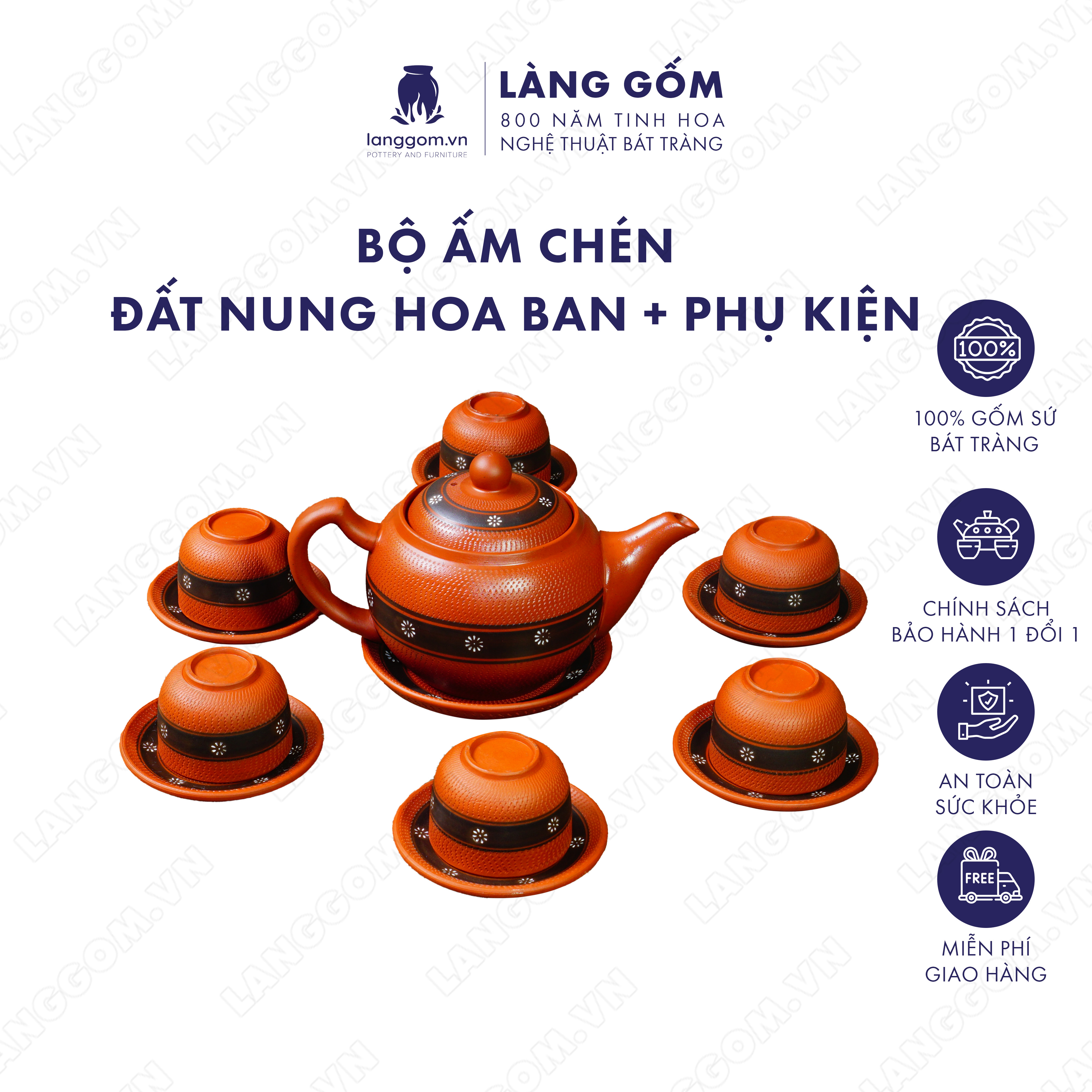 Bộ ấm chén đất nung hoa ban - Men mộc - Gốm sứ Bát Tràng - langgom.vn