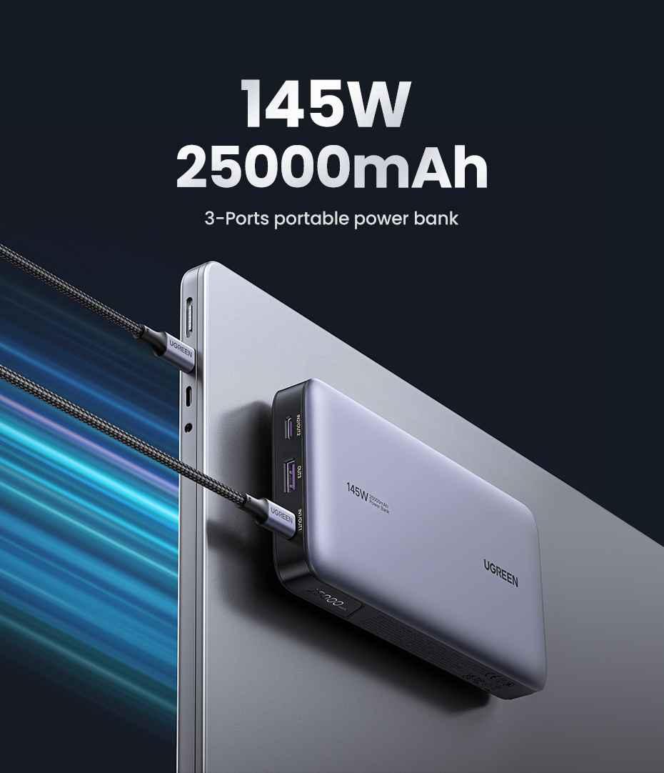 Ugreen UG27739PB205TK 25.000 mAH 145W 2c1a Sạc Dự Phòng Hỗ trợ Sạc Nhanh Hai Chiều kèm cáp c-c 0.5m - HÀNG CHÍNH HÃNG