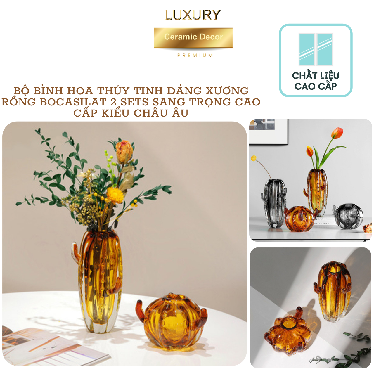 Cặp Bình Cắm Hoa Dáng Xương Rồng Bocasilat 2 Sets Cổ Điển Sang Trọng Cao Cấp Kiểu Châu Âu DECOR LUXURY - Hàng Nhập Khẩu