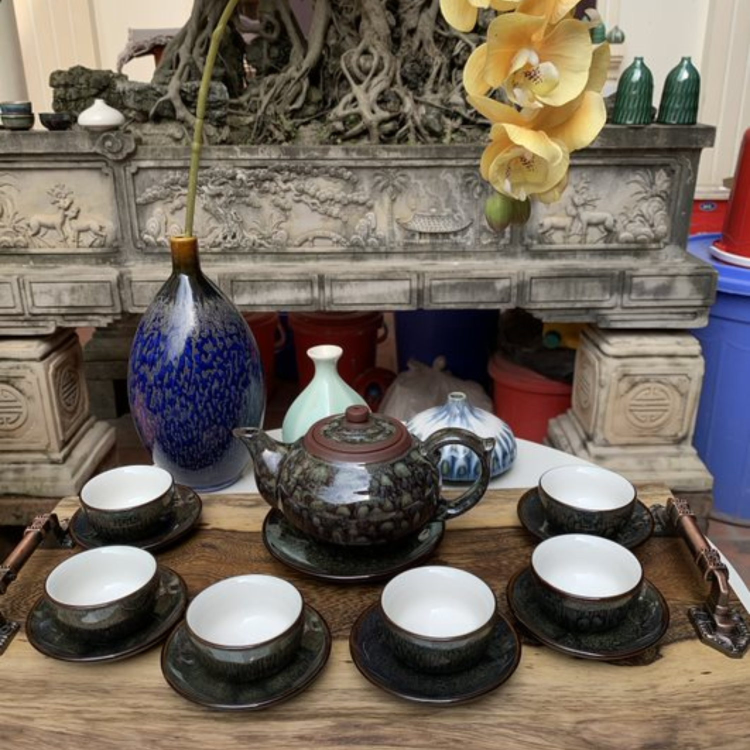 Bộ ấm chén uống trà cao cấp , bộ ấm trà Bát Tràng - tử sa tâm sen