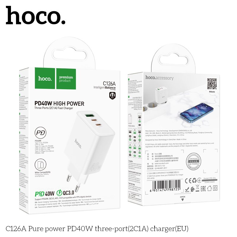 Cốc Sạc Nhanh Dành Cho Hoco C126A PD40W QC3.0 3 Cổng Sạc (1 Cổng Usb, 2 Cổng Type-C) Hàng Chính Hãng