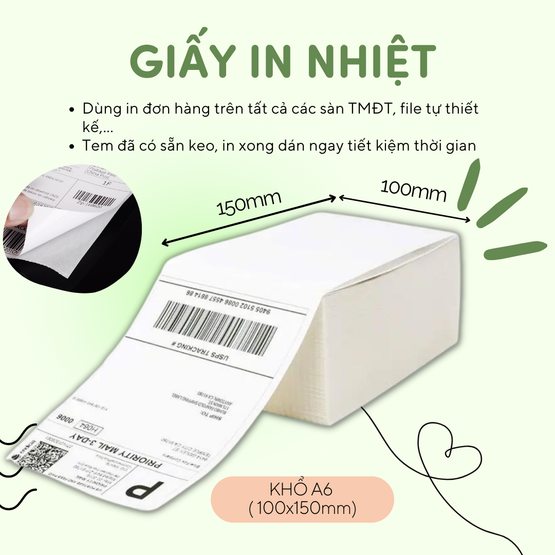 Giấy in đơn hàng TMĐT khổ A6 500 Tờ/sấp in decal nhiệt tự dán không cần băng dính tiện lợi