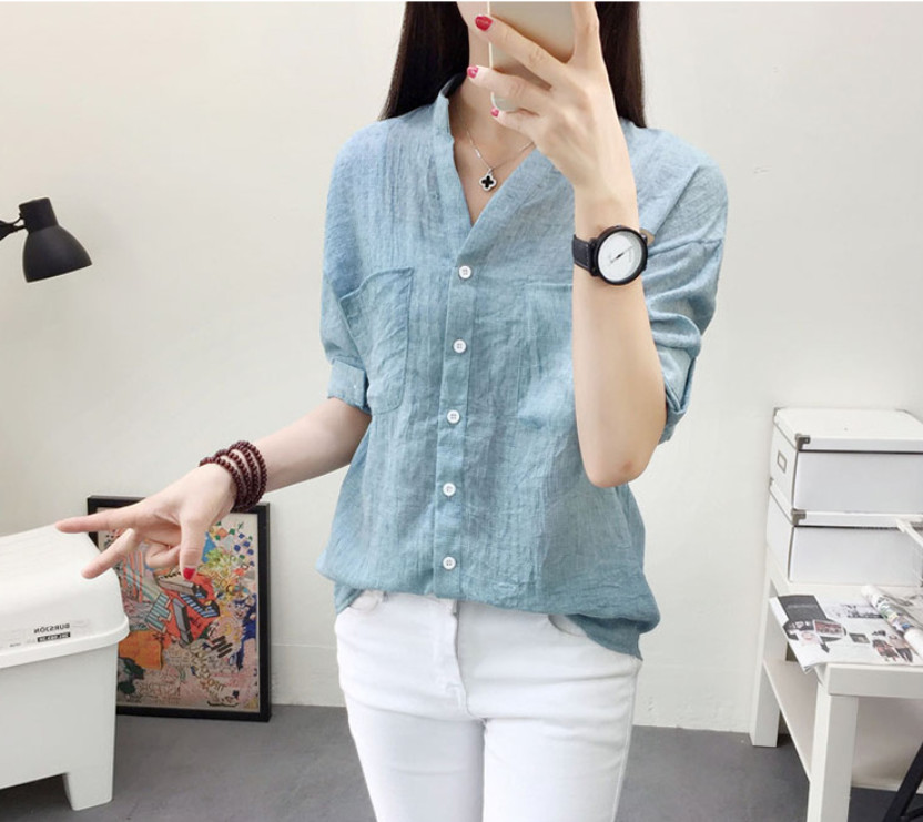 Áo sơ mi đũi nữ, Áo sơ mi nữ cổ V xinh phong cách vitage Đũi Việt DV99