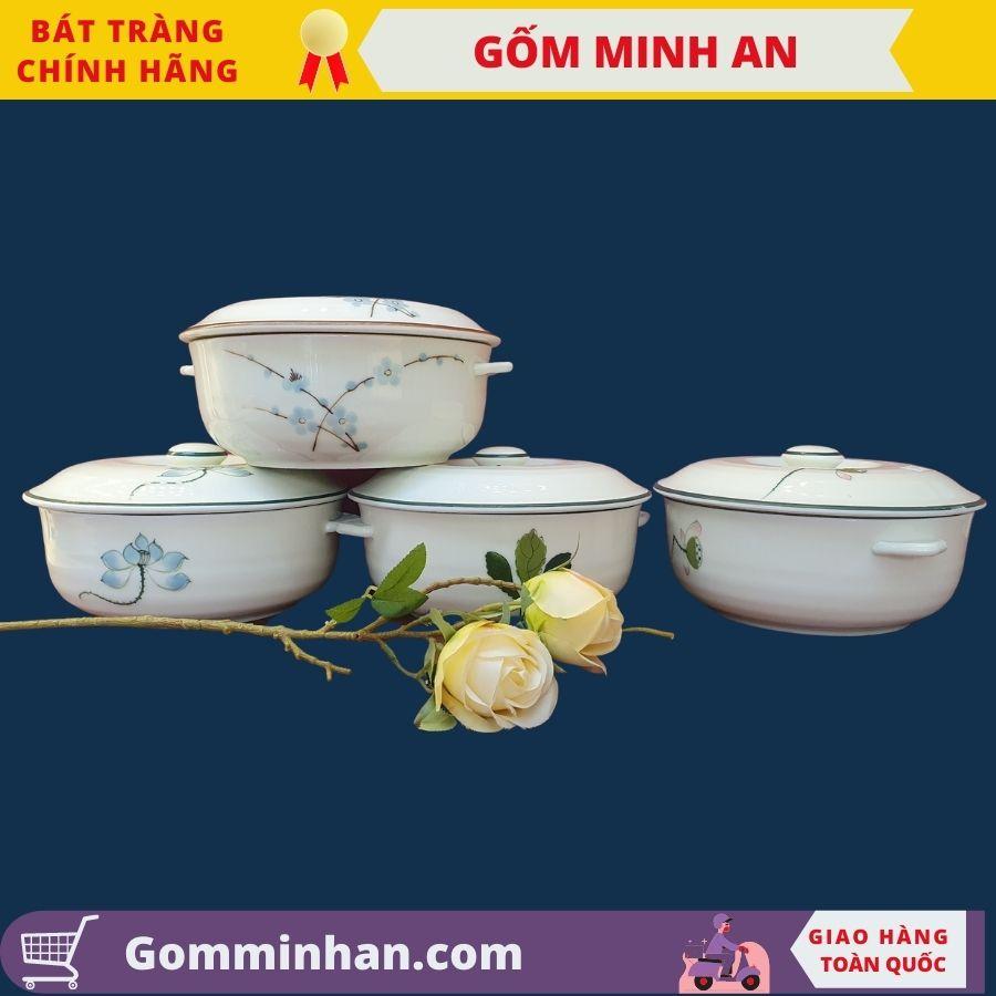 Âu đựng cơm sứ Bát Tràng có nắp men kem vẽ hoa văn thủ công gốm sứ Minh An Bát Tràng