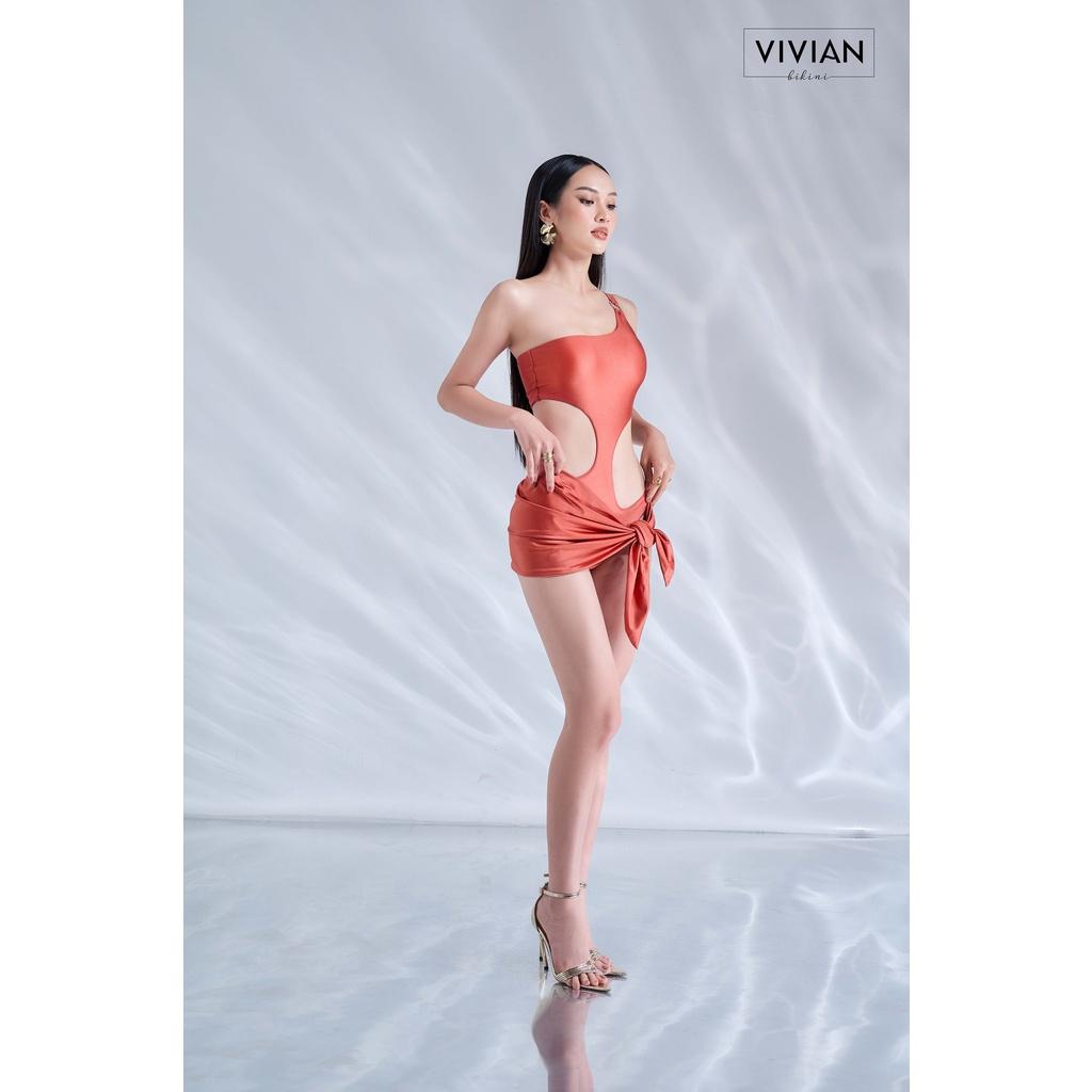 Đồ bơi nữ cao cấp dạng một mảnh lệch vai cutout & phối váy cover cách điệu - Hồng - VS175_BR