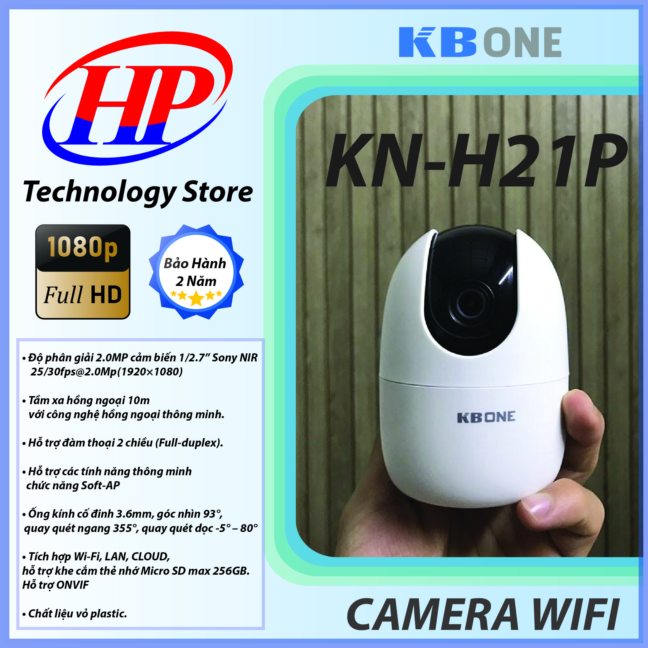 Camera WIFI Xoay 360 KBONE KN-H21P Tự Phát WiFi, Âm Thanh Đàm Thoại Giọng Nói 2.0Mp Full HD,Hồng Ngoại- Chính Hãng