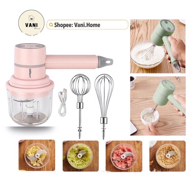 Máy xay cầm tay đa năng 3in1 kiêm đánh trứng, trộn bột, xay tỏi ớt - Máy đánh trứng cầm tay mini du lịch pin sạc điện