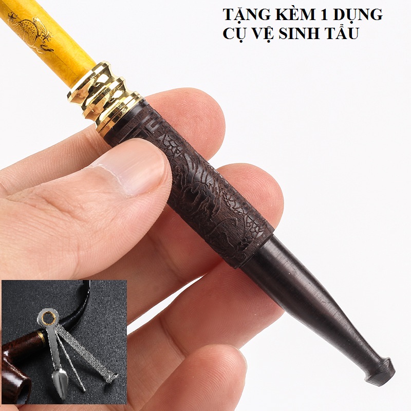 Tẩu thuốc gỗ mun khảm khoa văn siêu đẹp sang trọng cao cấp - tặng kèm 1 dụng cụ vệ sinh tẩu