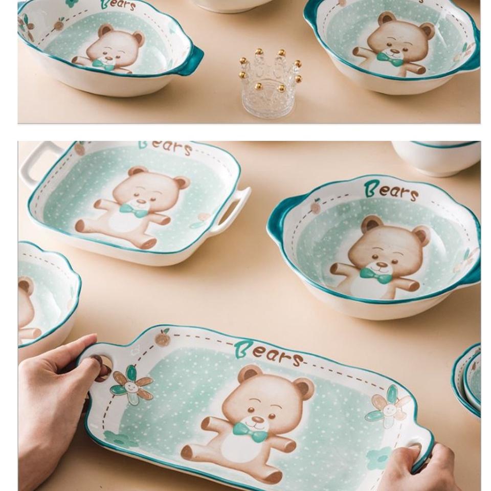 Bộ chén bát sứ, khay sứ Gấu Xanh dễ thương cho bé