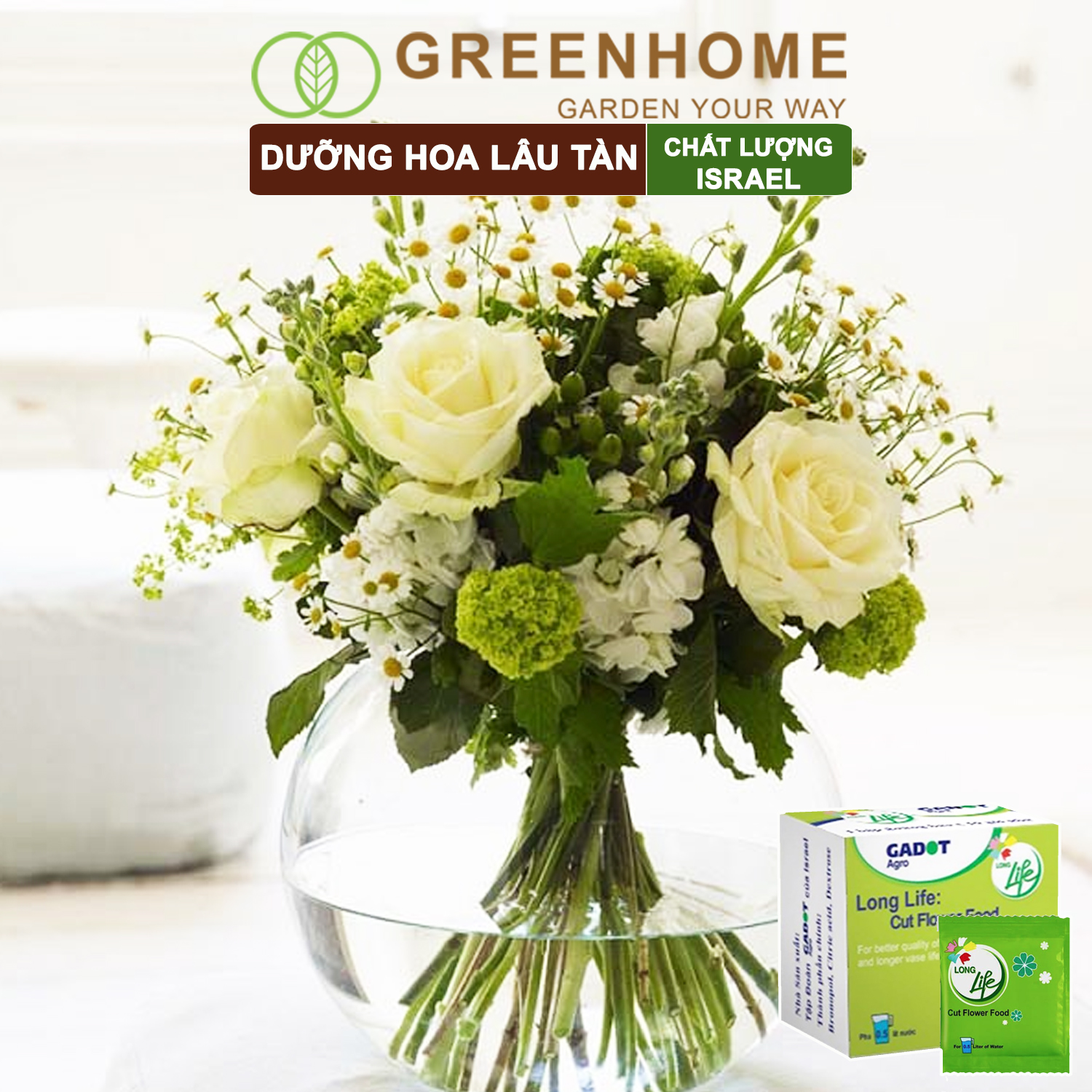 Dưỡng Hoa Tươi Lâu Greenhome, Longlife, Phân Bón Cho Hoa Cắt Cành, Gói 5gr, Lâu Tàn, Nở Bông To, Không Bị Hôi Nước