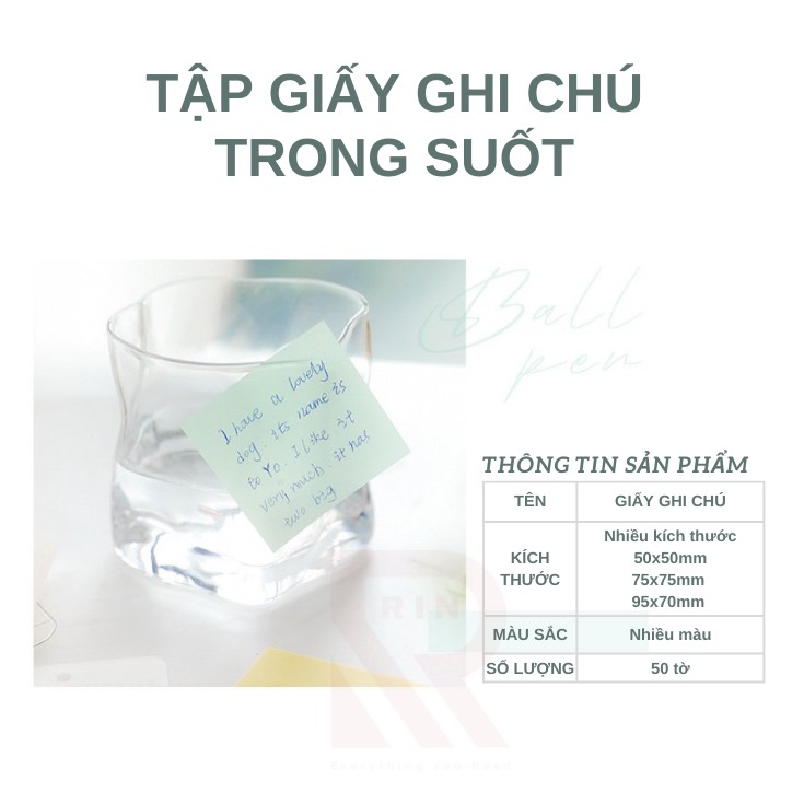 Giấy note trong suốt / giấy ghi nhớ / Giấy ghi chú giấy nhắn TRONG SUỐT cho học sinh, văn phòng - nhiều màu/mẫu