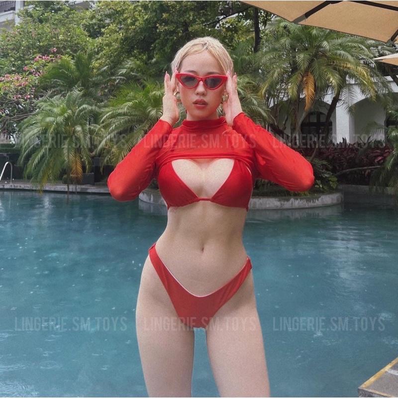 BDY3111151 - Bikini Đỏ Kèm Áo Voan Cổ Lọ Phong Cách - Đồ Bơi Gợi Cảm Phong Cách Âu Mỹ